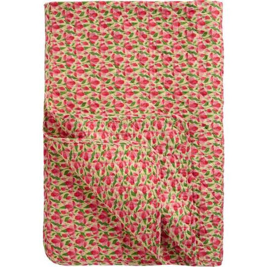 Teppe Quilt beige m/røde og rosa blomster, grønne blade