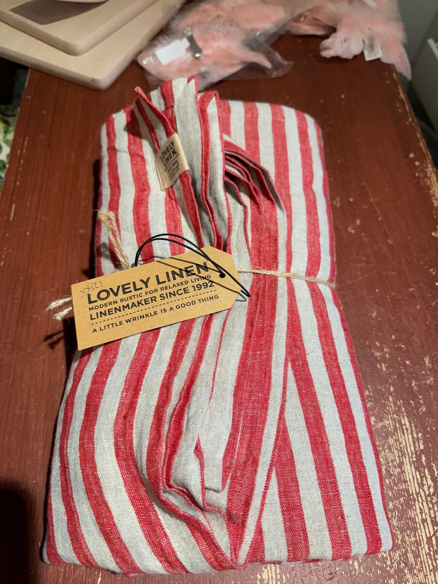 Misty Duk lin stripet rød og linfarget 145x380 Lovely linen