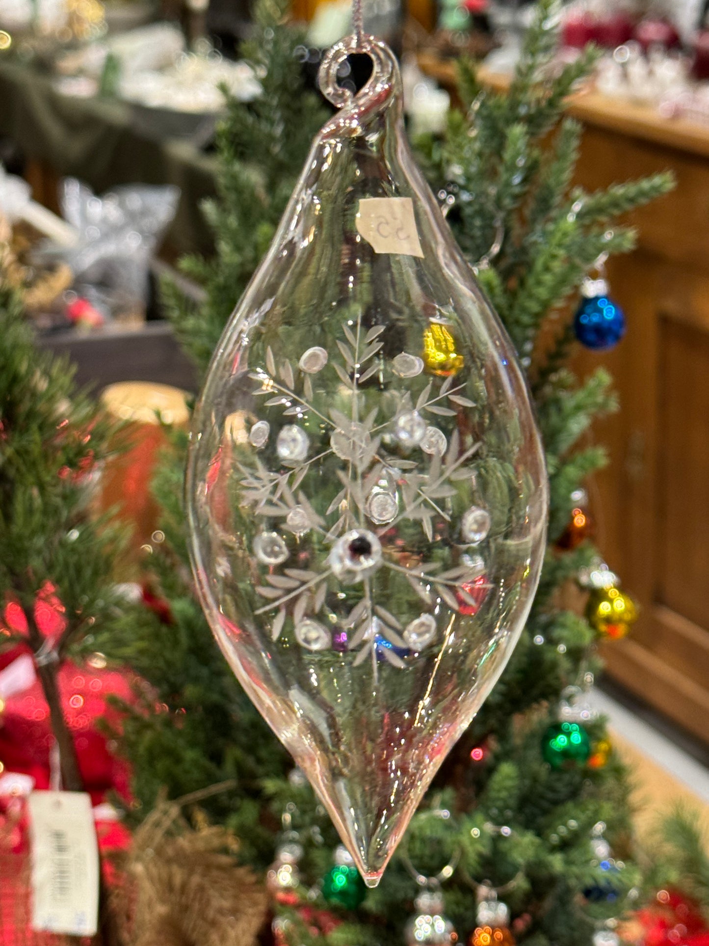 Julekule klar glass m pynt oval 8 cm