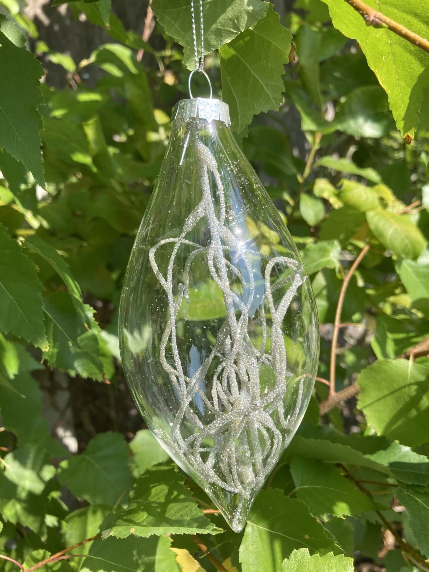Julekule klar glass dråpe sølvgren 15 cm The Moshi